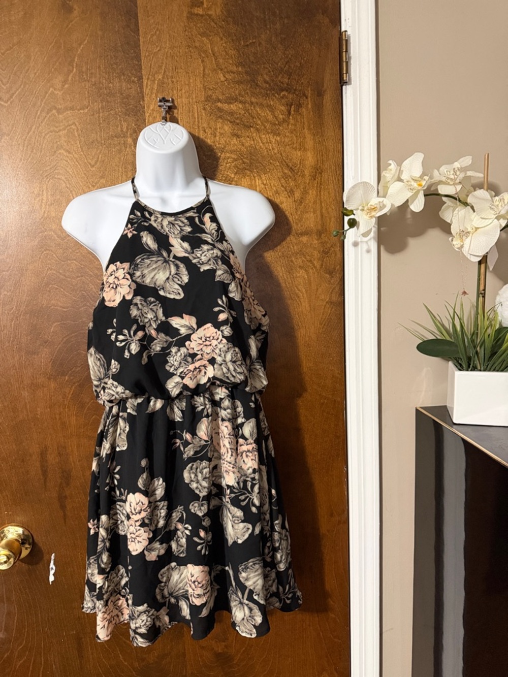 one clothing Black Mini Dress with Blush Floral Print
